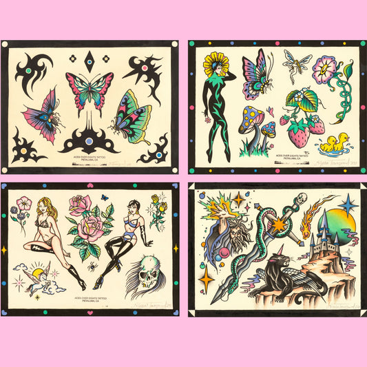 Neon Pastel Tattoo Flash Sheet Print Set of 4