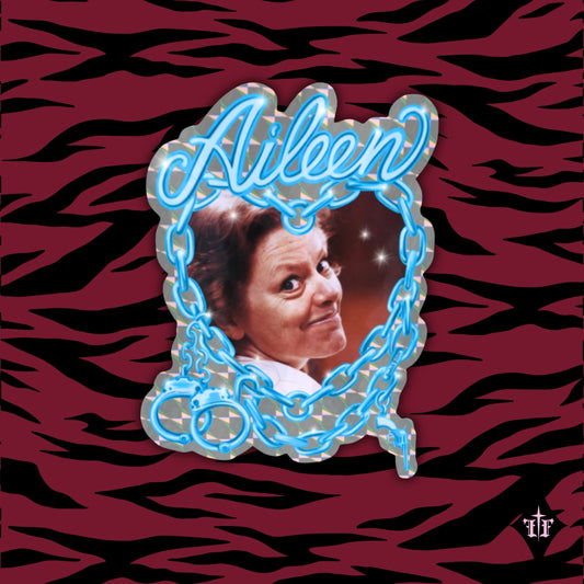 Aileen Wuornos photo and blue chain heart graphic on a holographic sticker