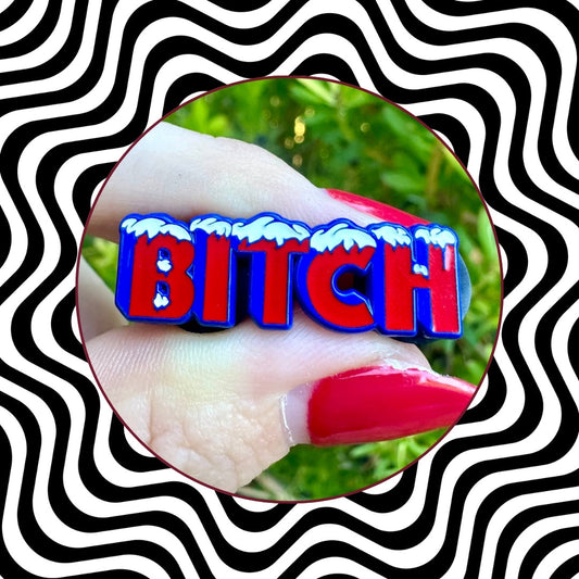 Finger with red nail polish and 'Bitch' text on a black and white wavy background