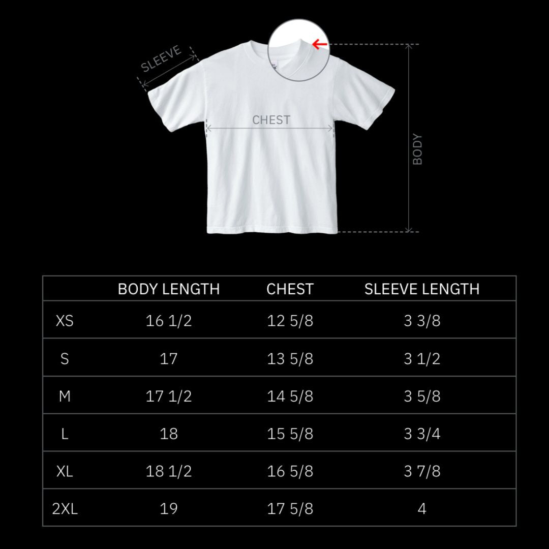 White t-shirt with measurement chart on a black background
