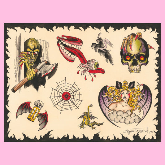 Halloween Spooky Tattoo Flash Sheet Print 11x14