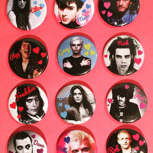 Collection of buttons with portraits and names on a pink background