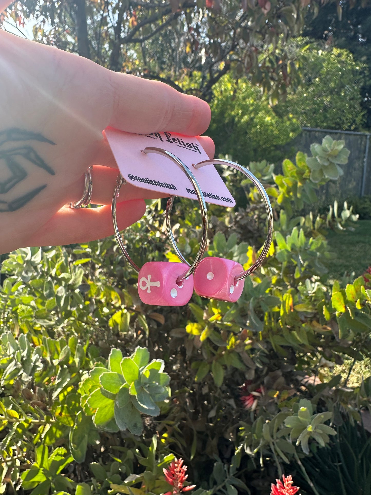 Pink Ankh Dice Hoop Earrings