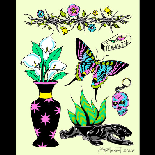 Retro Panther Planter Tattoo Flash Sheet Print