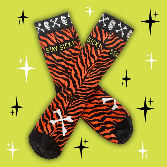 orange and black tiger stripe the cramps stay sick socks