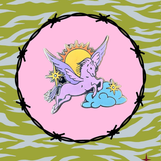 Colorful illustration of a winged creature on a pink circle with barbed wire border against a green and white patterned background.