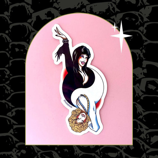 Sticker of a stylized character on a pink background with a black textured border