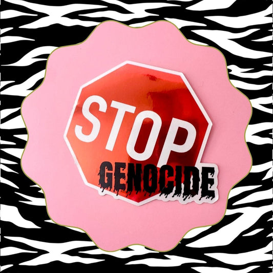 Stop sign with 'STOP GENOCIDE' text on a zebra print background