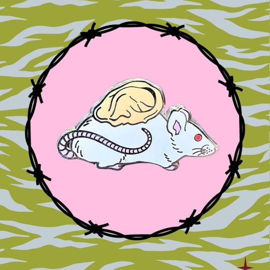 Illustration of a rat with a brain on a pink circle against a green and white patterned background