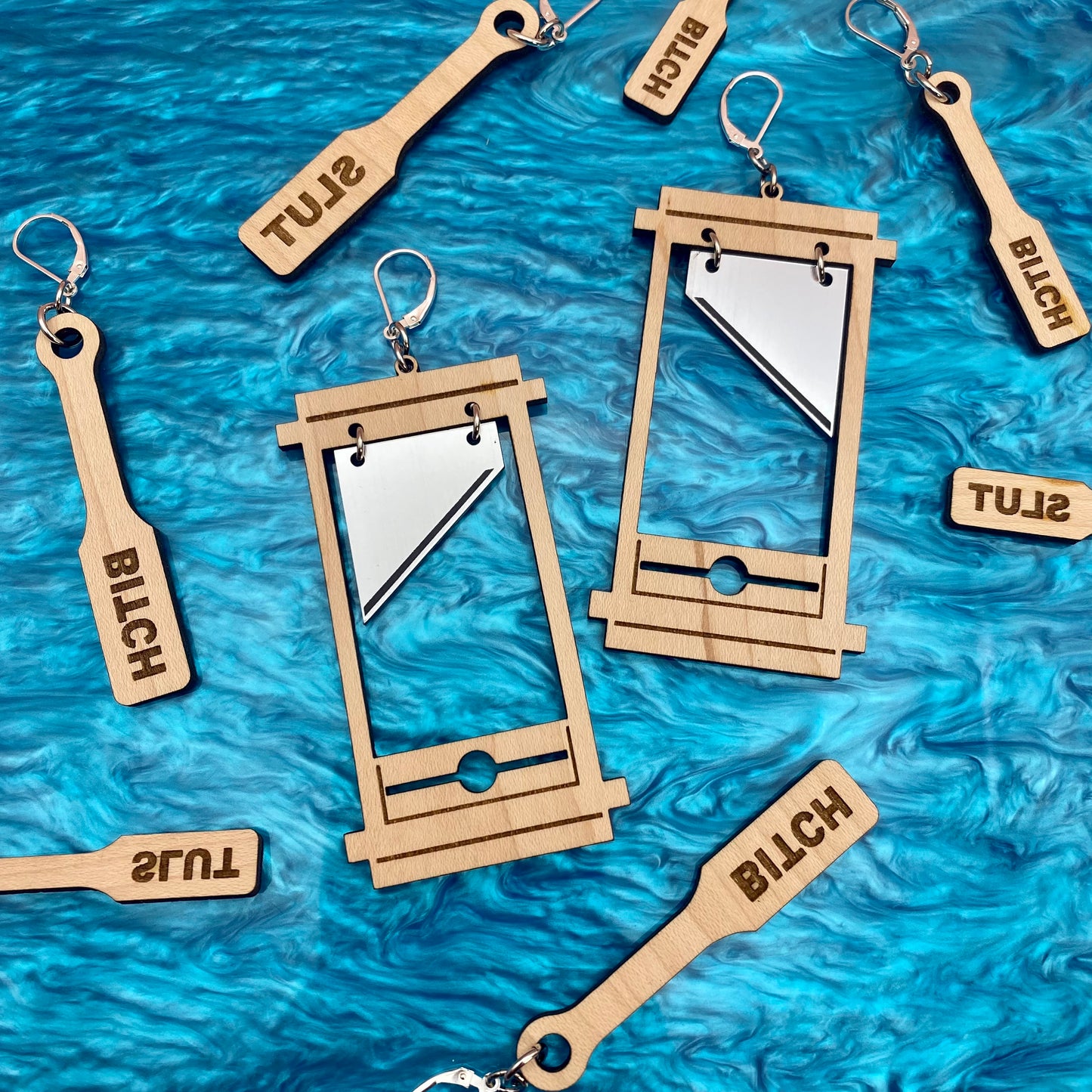 BDSM Wood Paddle Earrings - 2 Sizes & Styles