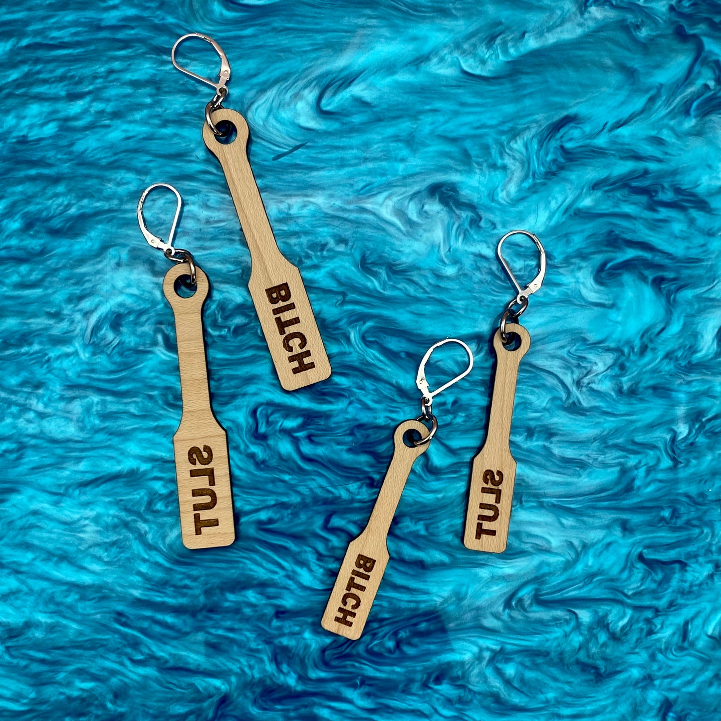 BDSM Wood Paddle Earrings - 2 Sizes & Styles