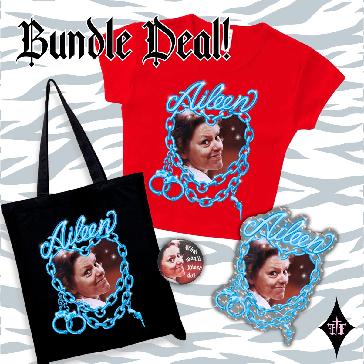 Ailen Wuornos T-shirt in red and a black tote bag and sticker design with blue chain detail on a white and grey zebra print background,