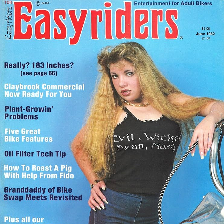 Cover of Easyriders magazine, June 1982 issue, featuring a woman posing with a motorcycle against a bright blue background. The title 'Easyriders' is displayed in large red letters at the top, with various article titles listed on the left side.