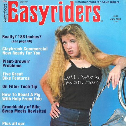 Cover of Easyriders magazine, June 1982 issue, featuring a woman posing with a motorcycle against a bright blue background. The title 'Easyriders' is displayed in large red letters at the top, with various article titles listed on the left side.
