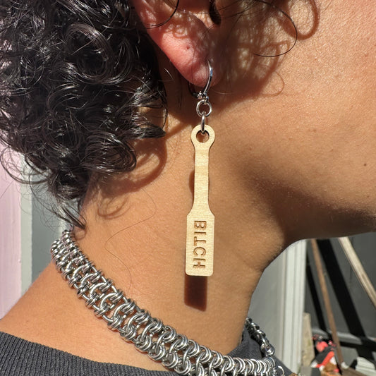 BDSM Wood Paddle Earrings - 2 Sizes & Styles