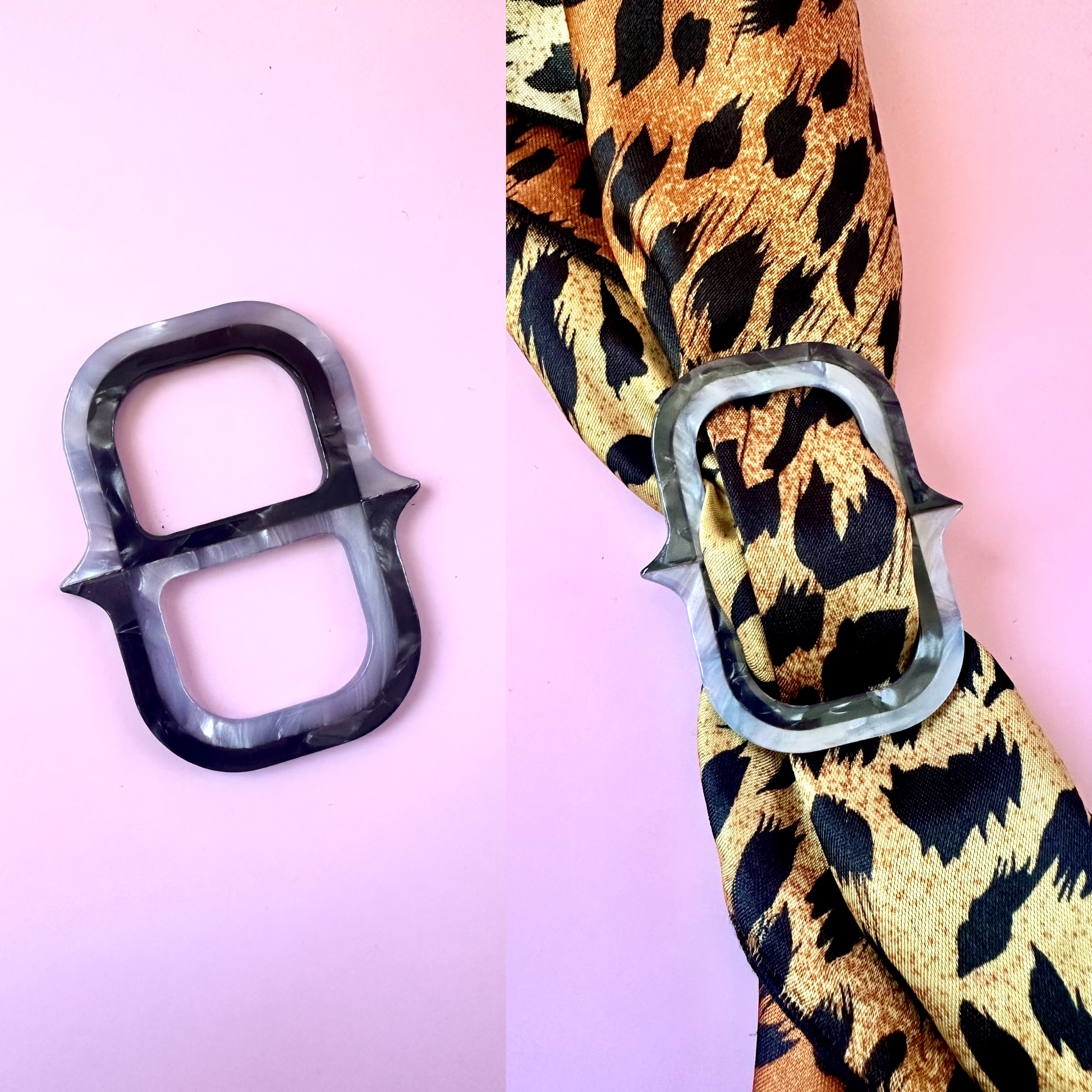 A close-up of a leopard-print fabric scarf wrapped around a silver-toned acetate scarf ring, with the ring shown separately on a pink background.
