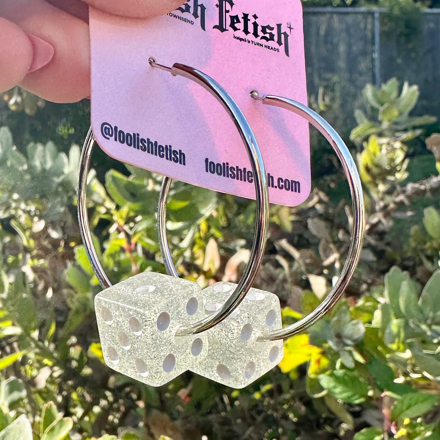 Silver Glitter Dice Hoop Earrings