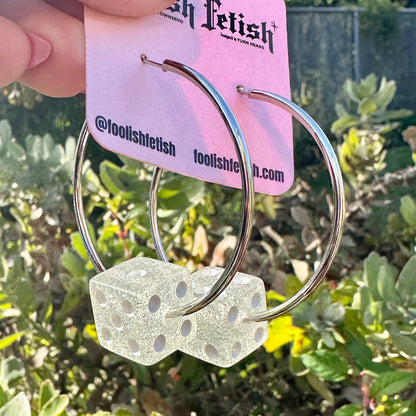 Silver Glitter Dice Hoop Earrings