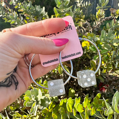 Silver Glitter Dice Hoop Earrings