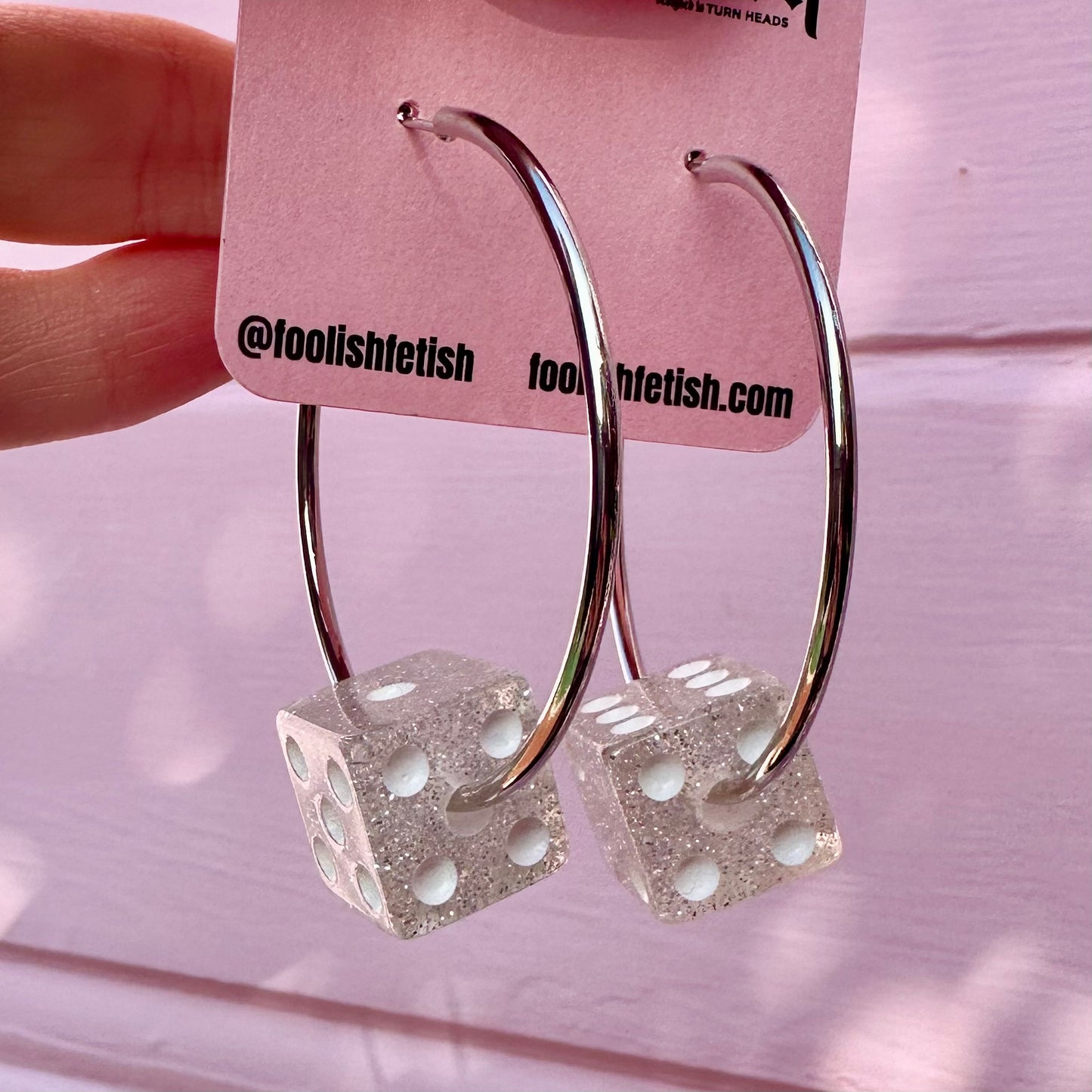 Silver Glitter Dice Hoop Earrings