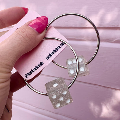 Silver Glitter Dice Hoop Earrings