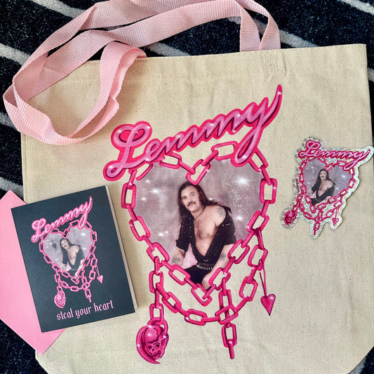 Tote bag with 'Lenny' design featuring a person, pink heart, and chain elements.