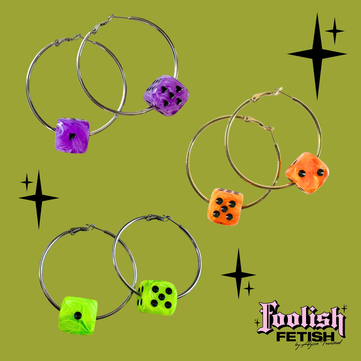 Halloween Slime Green Dice Hoop Earrings : Gold or Silver