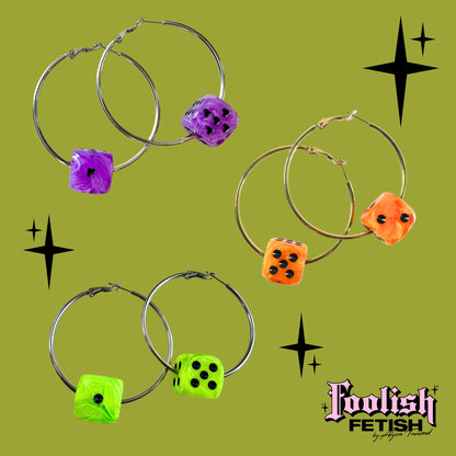 Halloween Slime Green Dice Hoop Earrings : Gold or Silver