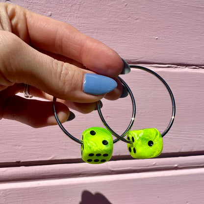 Halloween Slime Green Dice Hoop Earrings : Gold or Silver