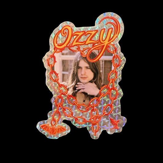 Decorative mirror with 'Ozzzy' design and a person's reflection.