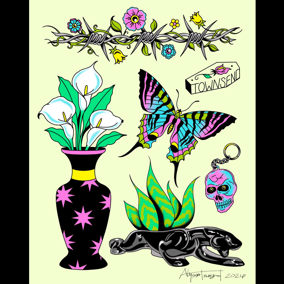 Retro Panther Planter Tattoo Flash Sheet Print
