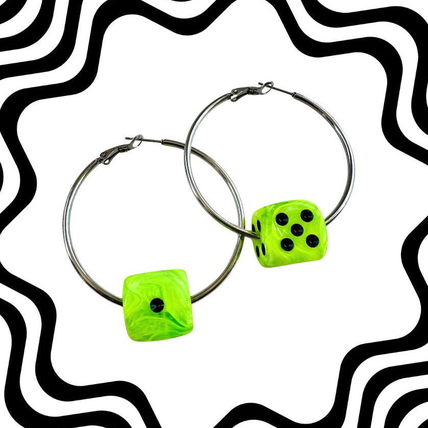 Halloween Slime Green Dice Hoop Earrings : Gold or Silver