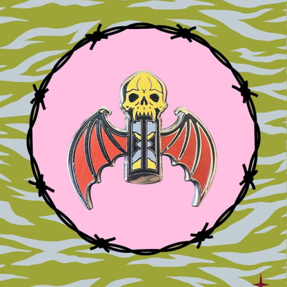 Skull with wings design on a pink circle with barbed wire border against a green and white patterned background.