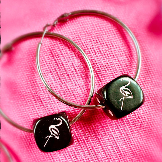 Limited Drop :  Pink Flamingo Black Dice Hoop Earrings