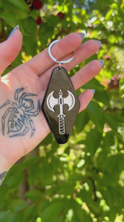 Heavy Metal Maniac Battleaxe Hotel Keychain