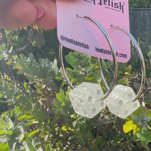 Silver Glitter Dice Hoop Earrings