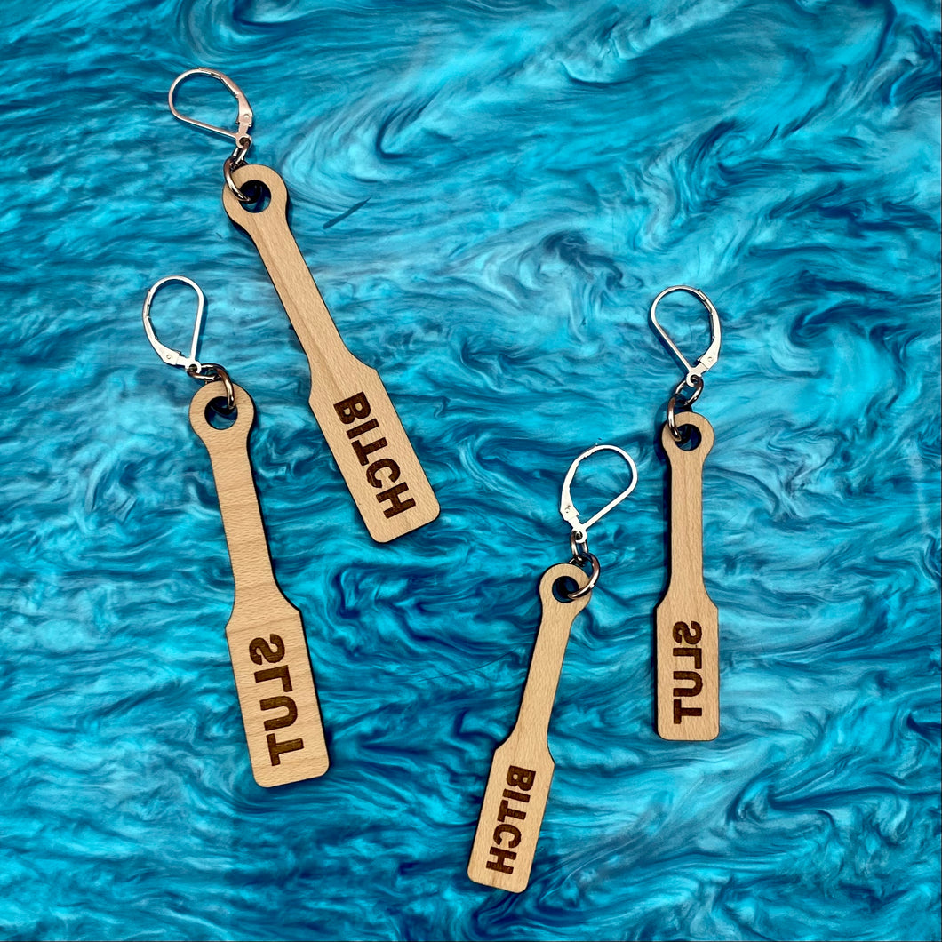 BDSM Wood Paddle Earrings - 2 Sizes & Styles