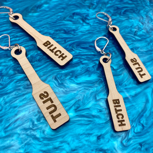 BDSM Wood Paddle Earrings - 2 Sizes & Styles